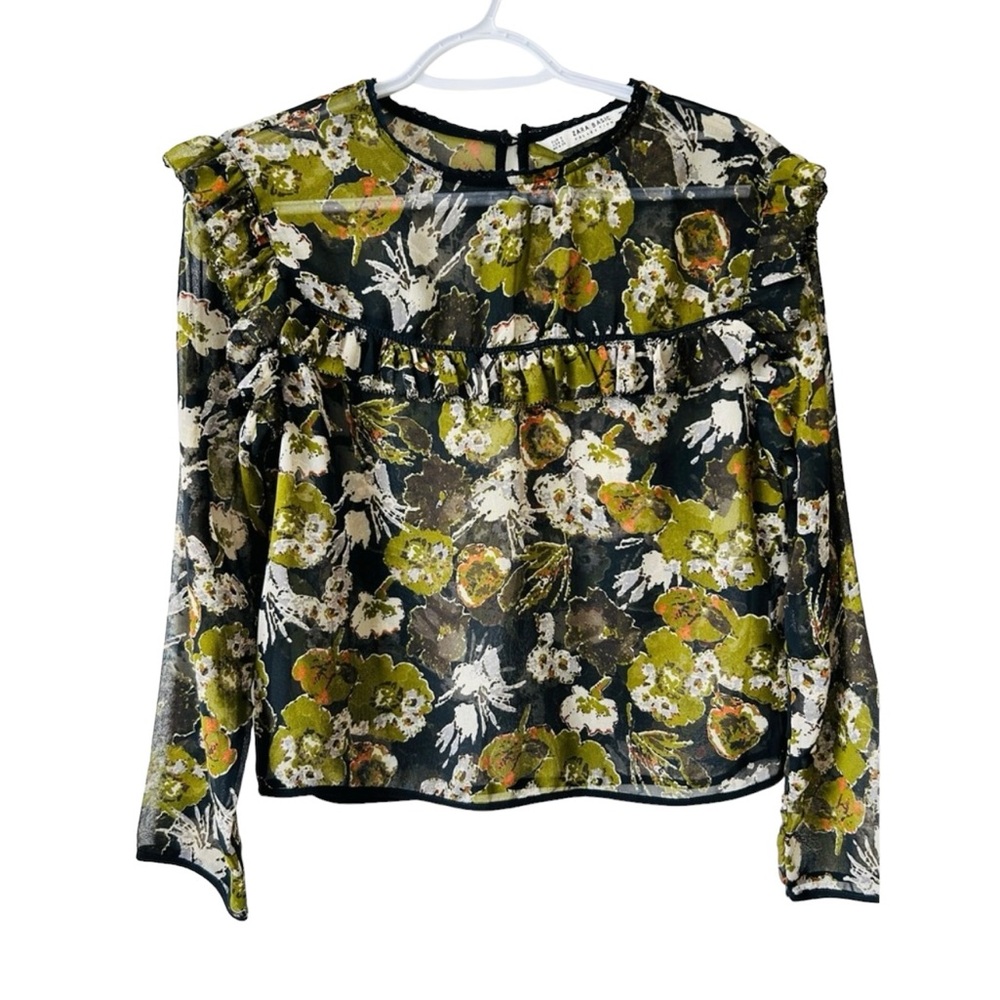Zara Women’s Sheer Floral Green Top Size Small